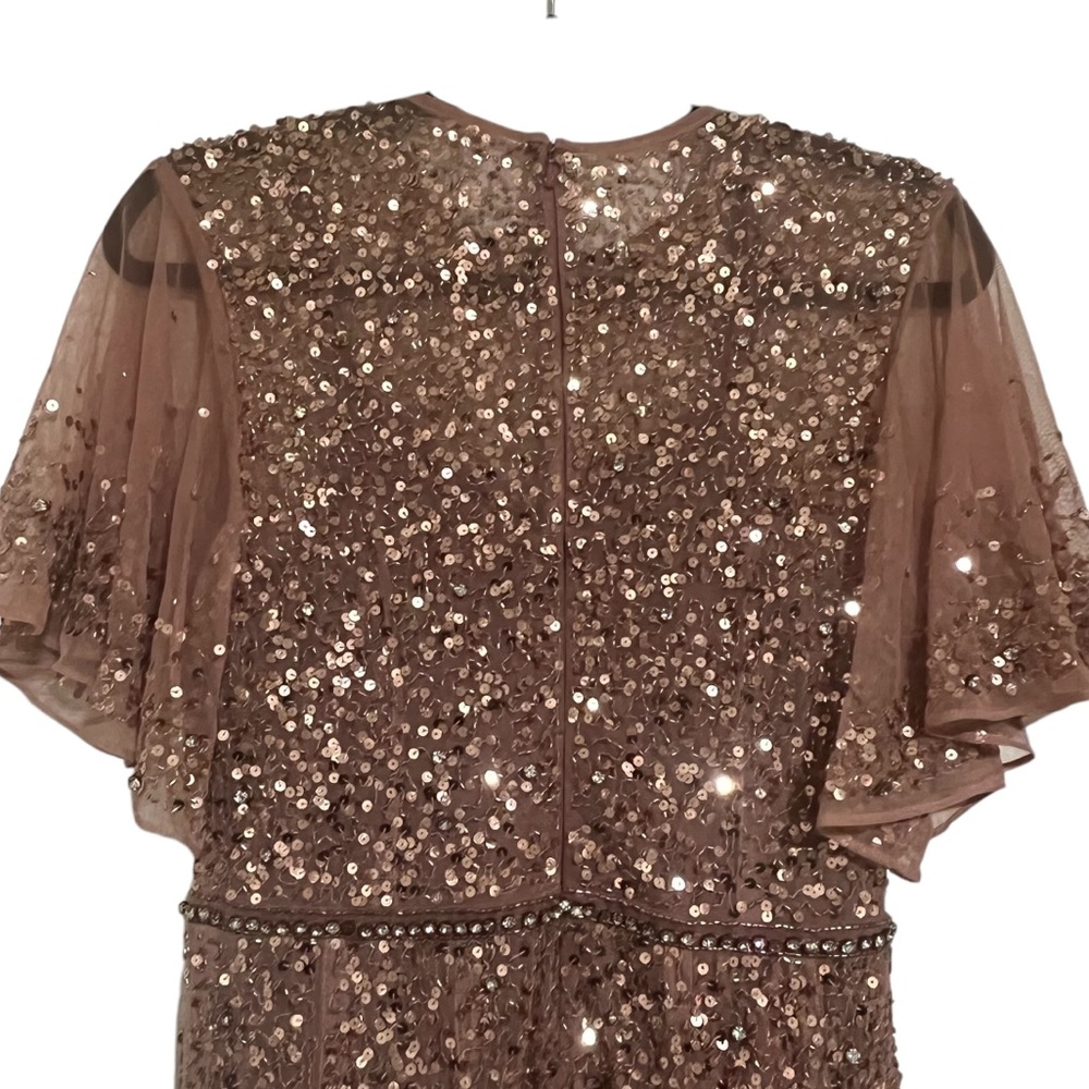 NEW NWT Mac Duggal Cape Sleeve Beaded Tea Length Drop Waist Midi Dress Rosewood - Picture 9 of 14